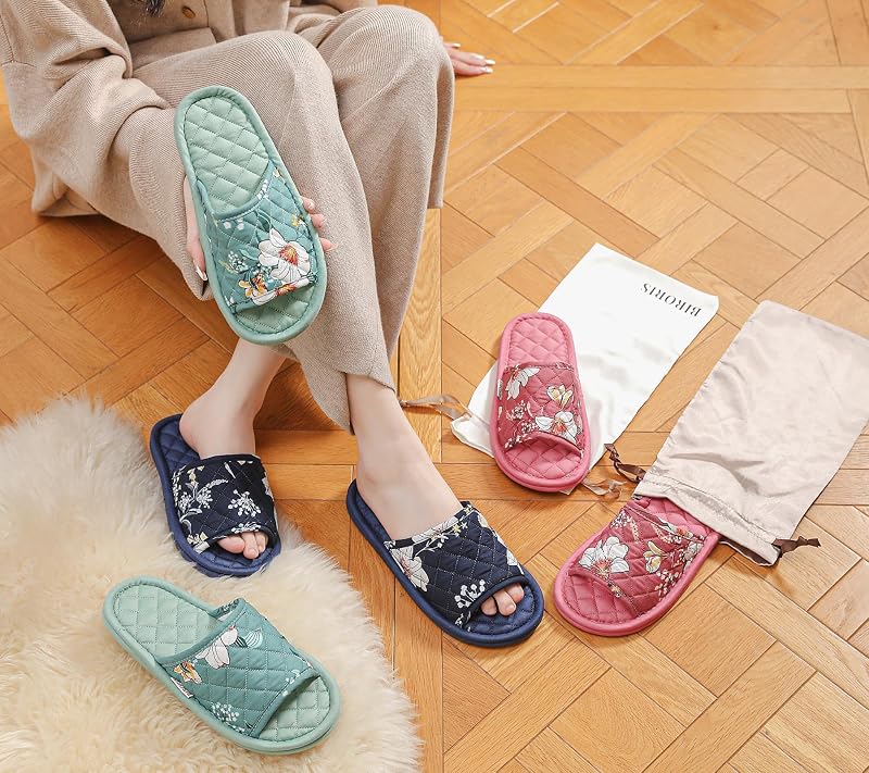 3 Pairs Floral Cotton Slippers for Women - Open Toe Indoor Spa Guests Travel (Variation: Solid Color Flower+7-8.5)