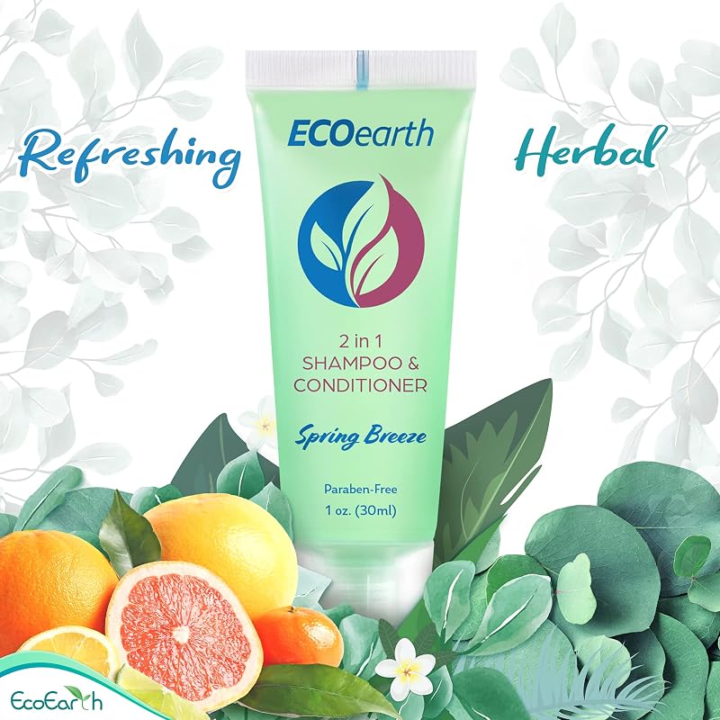 EcoEarth 1 Fl Oz Travel Size 2-in-1 Shampoo & Conditioner, 100-pk Spring Breeze – Hotel Amenities