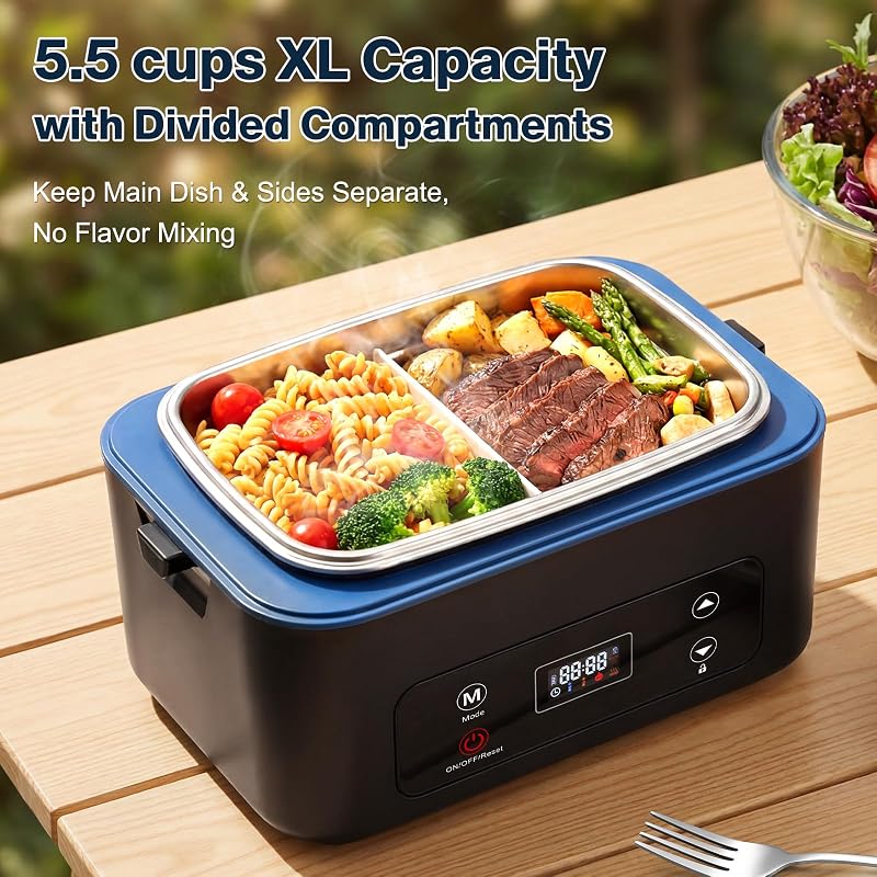 Heated Lunch Box 5.5 Cup Battery Powered Food Warmer with Auto Keep-Warm