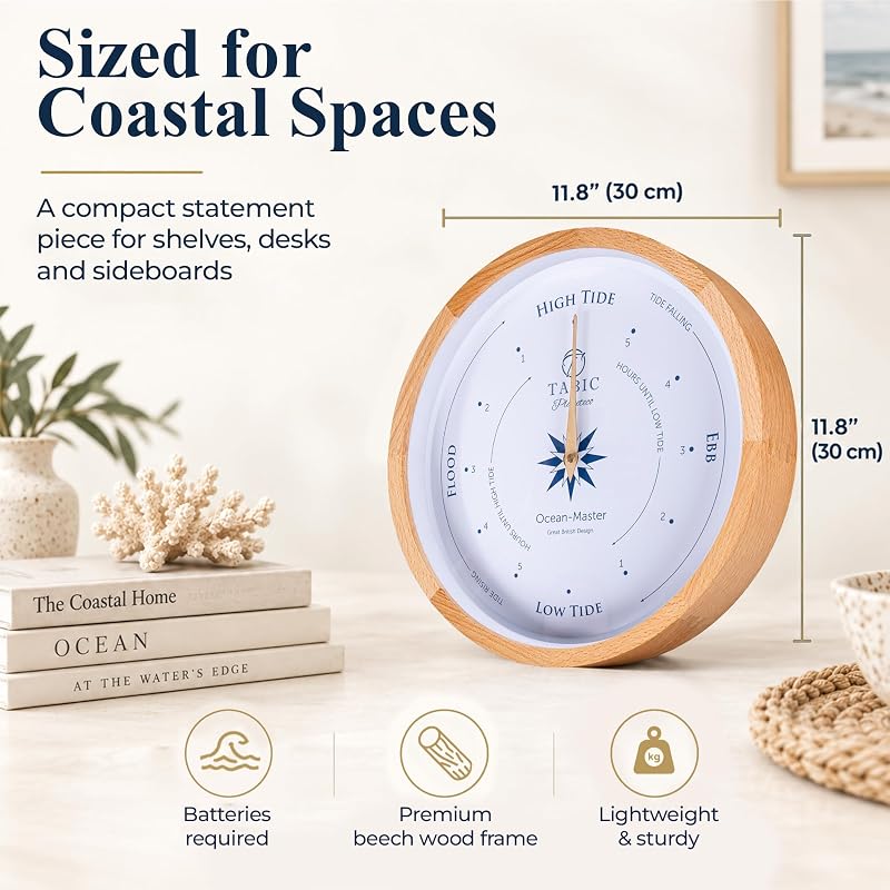 Ocean Master Tide Clock - Handcrafted Beech Wall Clock with Tide Display