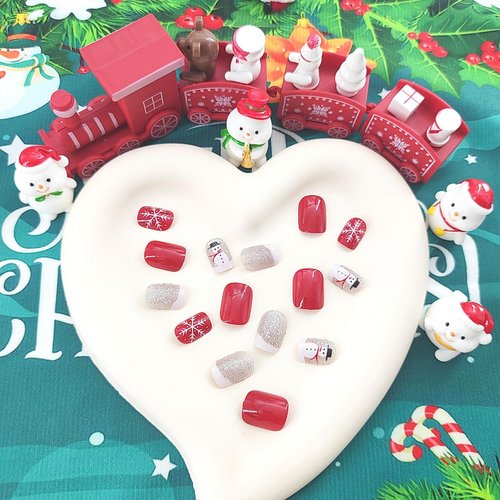 Christmas Press on Nails Short Square Fake Nails with White Snowflake Snowman Design Nails Press ons Silver Glitter False Nails Xmas Red Full Cover Glue on Nails Glossy Christmas Nails for Girls 24Pcs