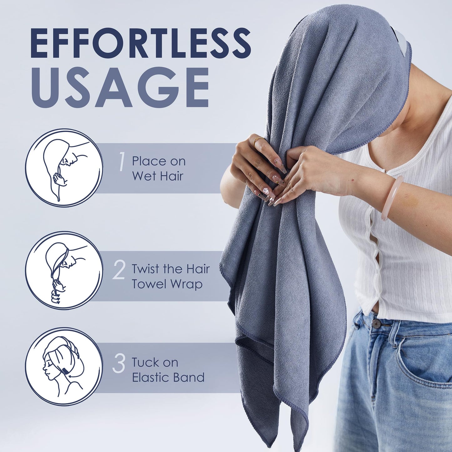 SimpleField Large Microfiber Hair Towel Wrap for Women (27x40 Inches). Anti Frizz Rectangle Drying Towel with Elastic Band for Long, Curly, and Thick Hair. Includes Reusable Carry Bag (Grey)