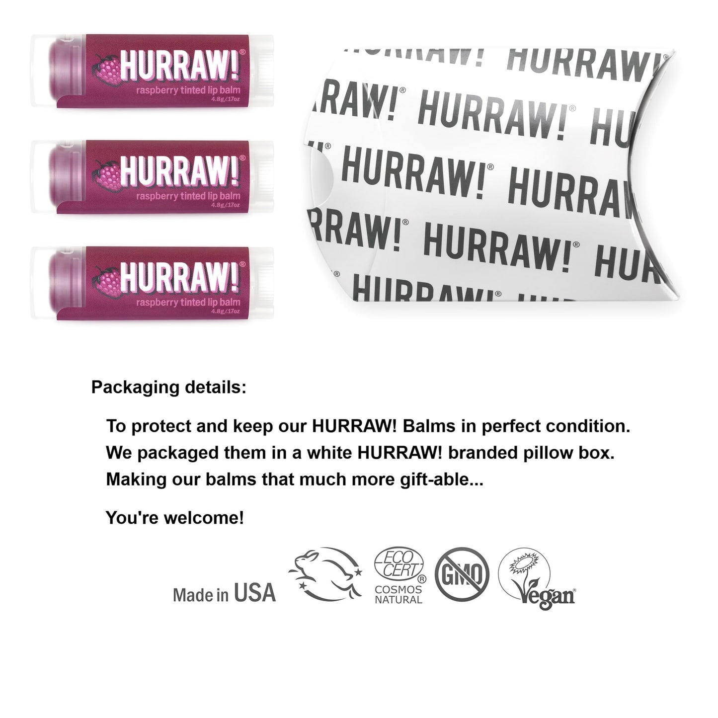 Hurraw! Raspberry Tinted Lip Balm, 3 Pack: (Sheer Berry Tint) Organic, Certified Vegan, Cruelty and Gluten Free. Non-GMO, 100% Natural Ingredients. Bee, Shea, Soy and Palm Free. Made in USA