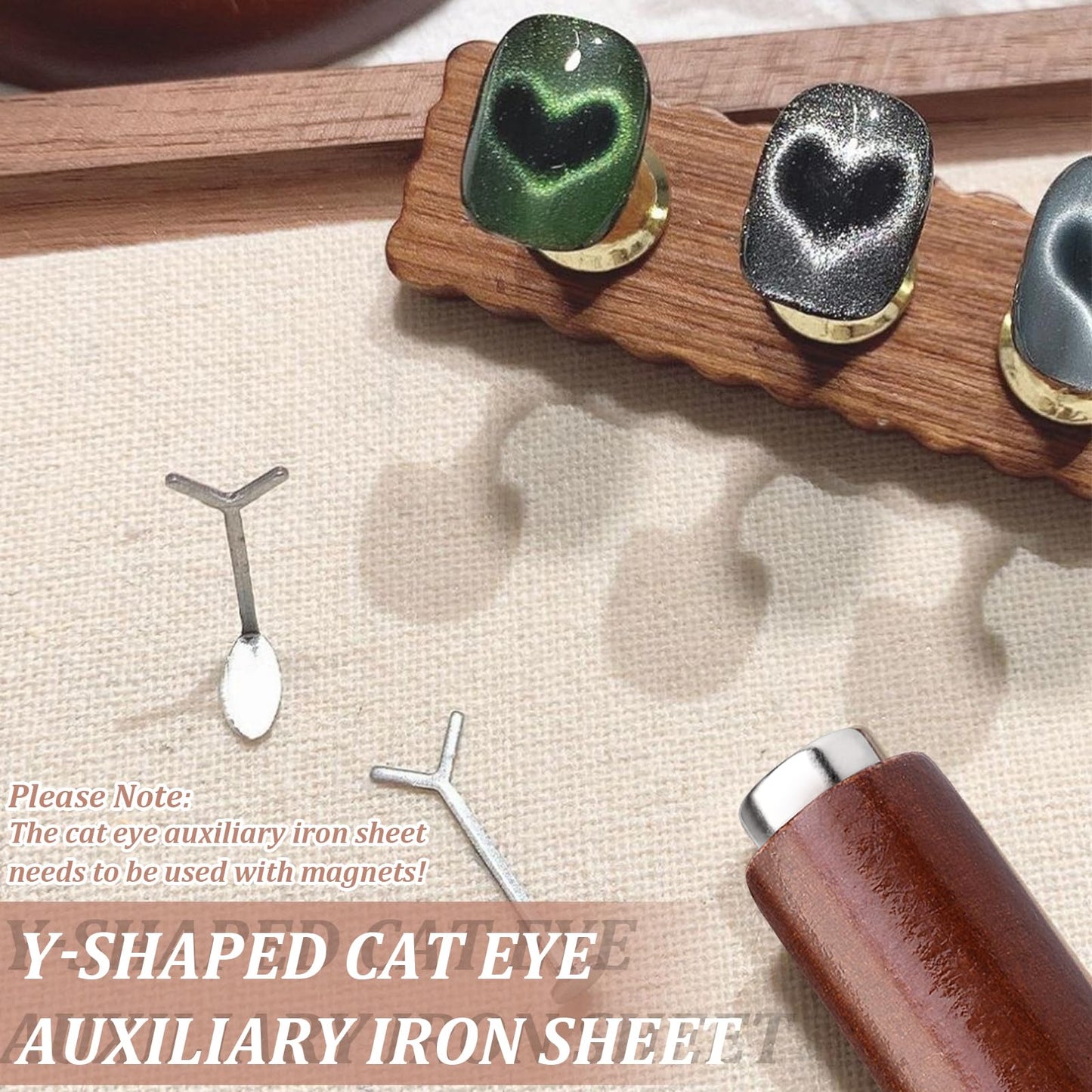 FOWSRHRG 3 in 1 Cat Eye Nail Magnet Set, Multifunctional Wooden Handle Nail Magnet, Heart Magnet for Nails, Rabbit Shape Cat Eye Magnet for Nails, Long Strip Magnets Tool for Nail Art DIY at Home