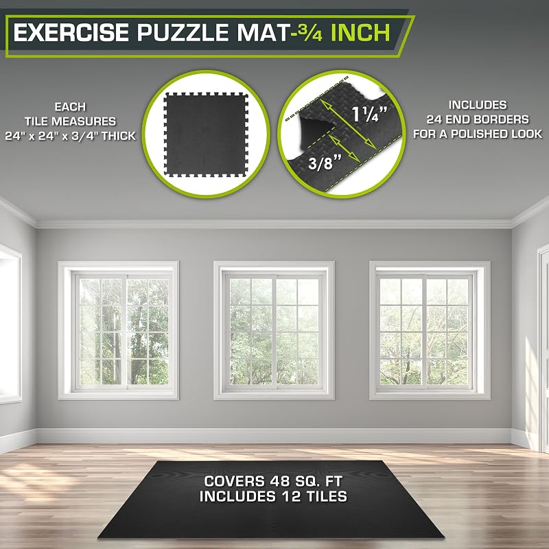ProsourceFit 3/4-Inch Interlocking Exercise Puzzle Mat - 48 Sq Ft, 12 Tiles, EVA Foam