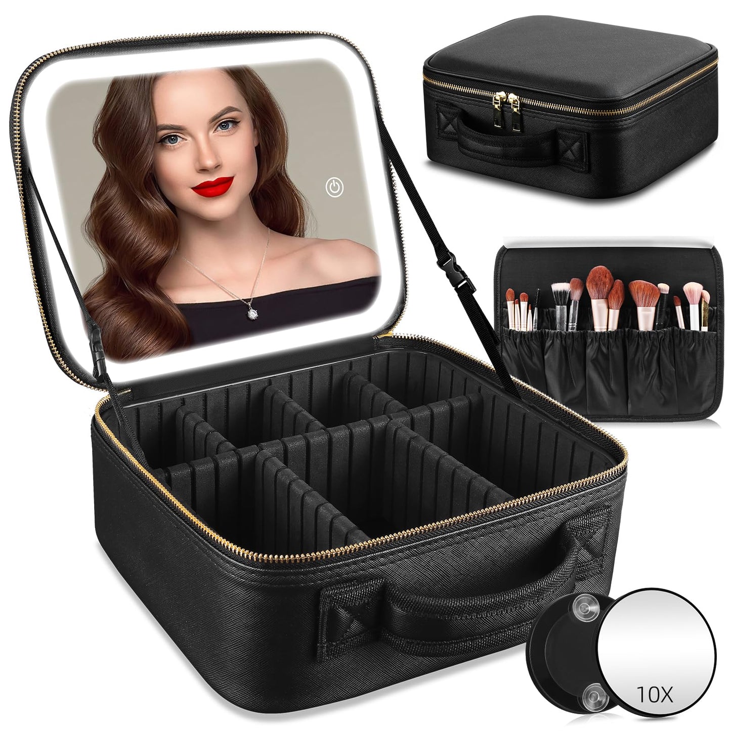 RRtide Travel Makeup Bag with Mirror of LED Lighted, Makeup Train Case with Adjustable Dividers, Makeup Case with Mirror and Detachable 10x Magnifying Mirror