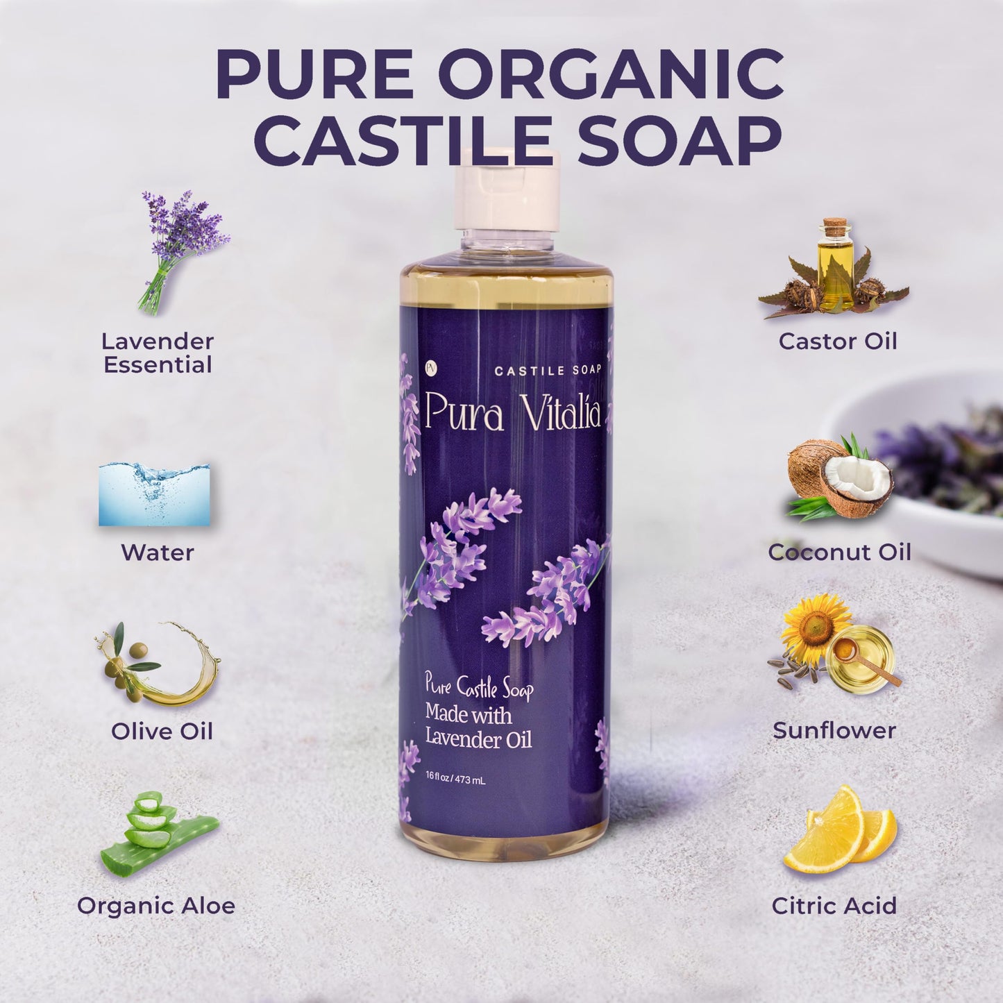 Pura Vitalia Lavender Organic Castile Soap | Body Wash & Cleanser for Face & Hands | Biodegradable, Eco-Friendly, Palm Oil Free, Vegan & Gentle | Made with 6 Natural Ingredients - 16 oz