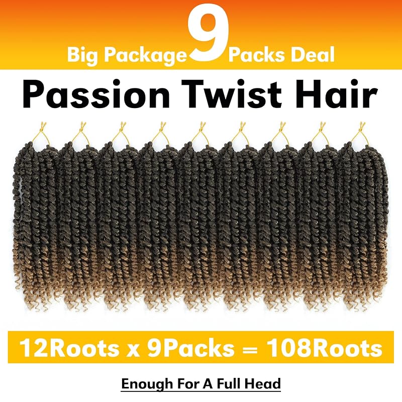 Forevery Pre Twisted Passion Twist Crochet Hair 8 Inch - 9 Packs, T1b/27#+8 Inch