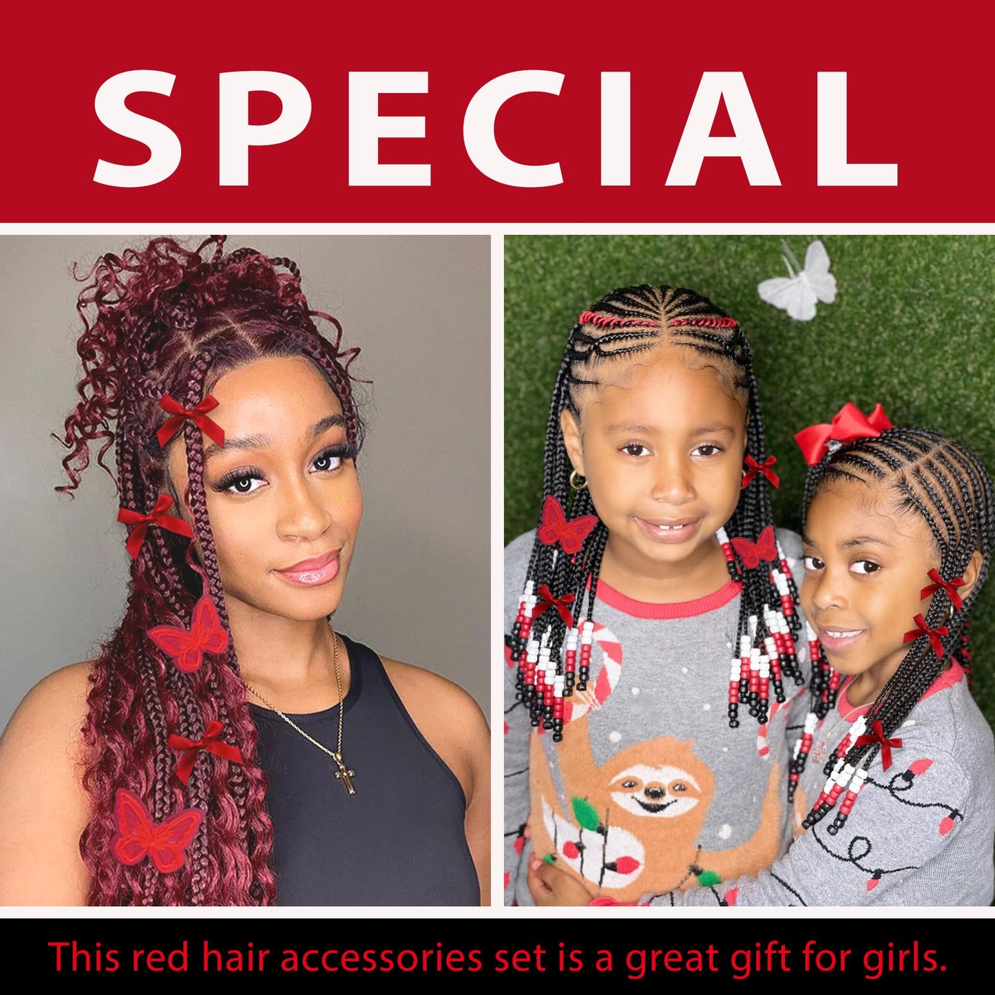 Arocooy 100PCS Hair Beads for Braids Coquette Red Bow Hair Clips Embroidery Butterfly Hair Clips Black Loc Dreadlock Beads Cute Hair Decoration for Girls Women