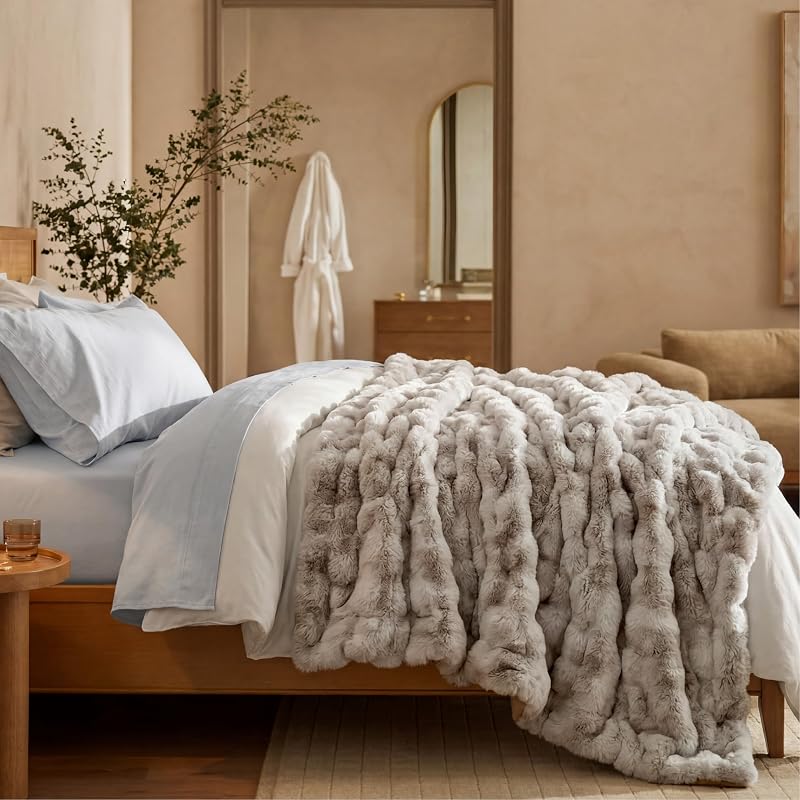 Bedsure Tie-Dye Taupe Fluffy Bubble Faux Fur Blanket Queen 90x90