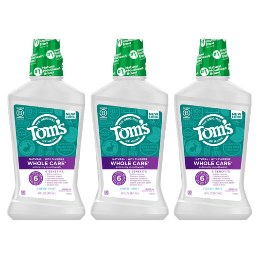 Tom's Of Maine Whole Care Natural Fluoride Mouthwash, Fresh Mint, 16 Oz (Pack of 3) (Packaging May Vary)