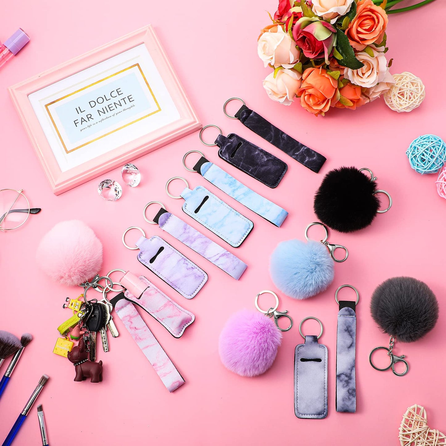 Hicarer 30 Pieces Marble Lipstick Holder Keychain Lip Balm Holder Set Lipstick Bags Set Includes Keychain Wristlet Lanyard, Marble Style Lip Balm Bag and Ball Pom Pom Accessory(Square)