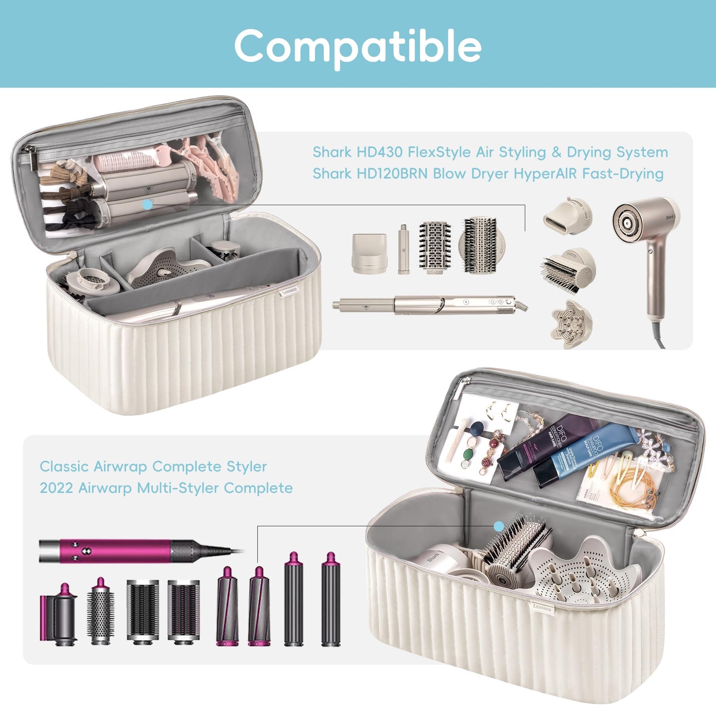 Lexeeco Travel Carrying Case for Hair Dryer Shark Flexstyle Dyson Airwrap Brush Hair Accessories Tools Storage Bag for Revlon Hairdryer Styler Organizer (Beige)