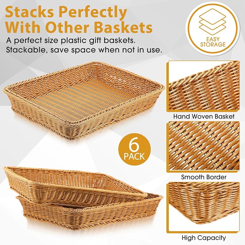 6 Pack 19-Inch Wicker Bread Baskets Set - Handwoven Polypropylene Rattan Serving Baskets