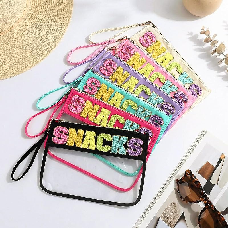 Multicolor Chenille Letter Clear Cosmetic Bags with Zipper — 6 Pcs Travel Toiletry Pouches