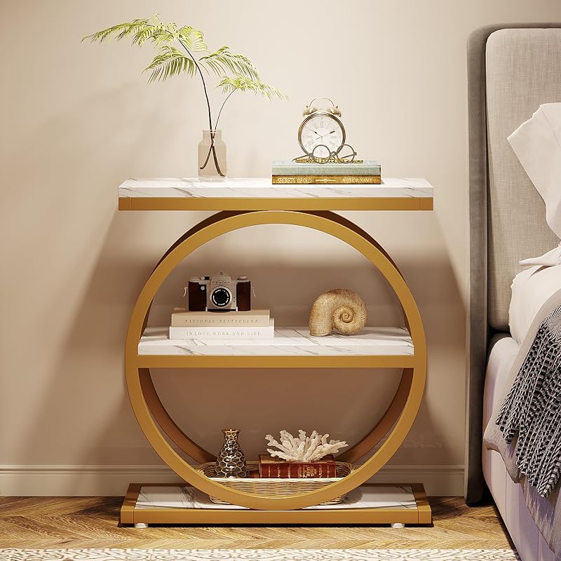 Tribesigns End Table with Storage Shelves - 3-Tier Slim Nightstand, Industrial White & Gold