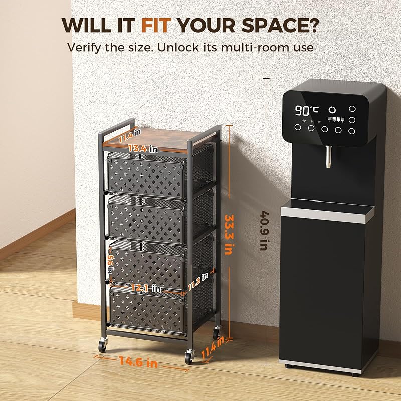5-Tier Kitchen Storage Cart with Wheels, Wood Top & 4 Drawers – Black