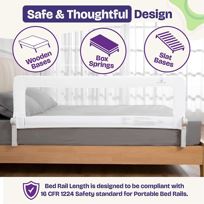 ComfyBumpy 55.5" Bed Rail for Toddlers, Swing-Down Guard for Twin–King Mattresses, White, 1-Pack