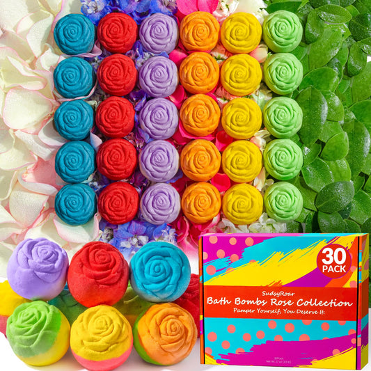 30 Rose-Shaped Bath Bombs – Handmade with Natural Ingredients, 6 Calming Scents, Relaxing Spa Gifts for Women, Men, Teens & Kids – Self Care Gifts for Summer & Birthdays
