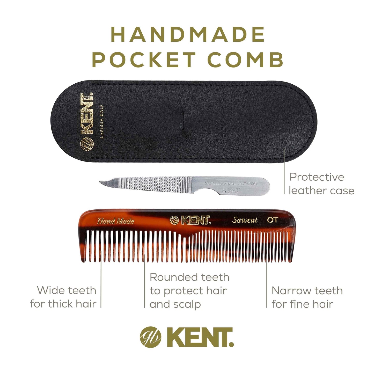 Kent NU19 Gift Set, with OT Fine Tooth/Wide Tooth Pocket Comb for Hair, Mustache and Beard for Men, Women and Kids. Travel Set with Leather Pouch and Stainless Steel Nail File. Handmade in England