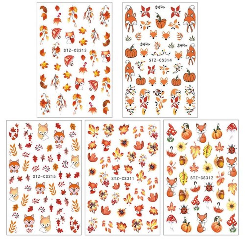 5 Sheets Autumn Maple Leaves Nail Art Stickers Squirrel Pumpkin Nail Decals 3D Self-Adhesive Thanksgiving Pumpkin Nail Sticker Cute Fox Mushroom Nail Supplies for Women Girls DIY Manicure Decoration
