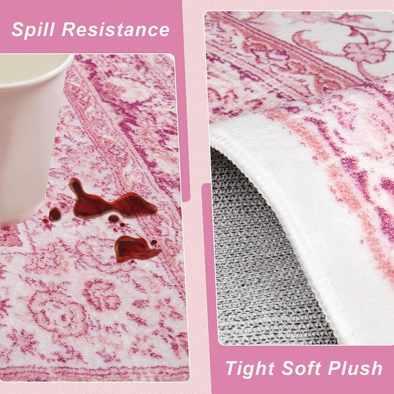 Washable Vintage Area Rug 8x10 - Pink Medallion Distressed Rug with Non-Slip Backing (Variation: Pink & White+8' x 10' Rectangular)