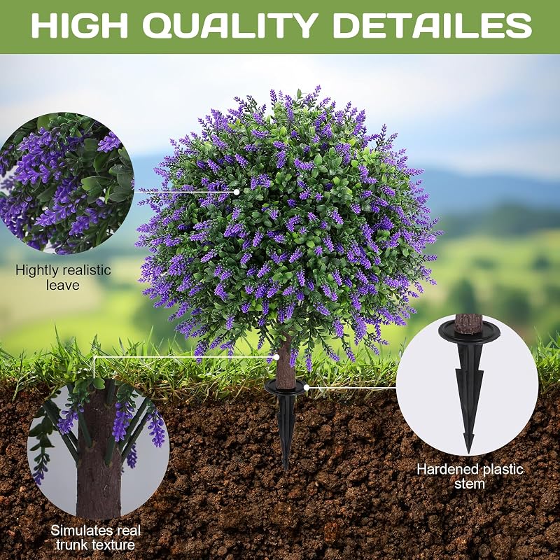 Lavender Topiary Ball Tree with Ground Spike – 25" Artificial Plant, Set of 2 (Variation: Lavender)