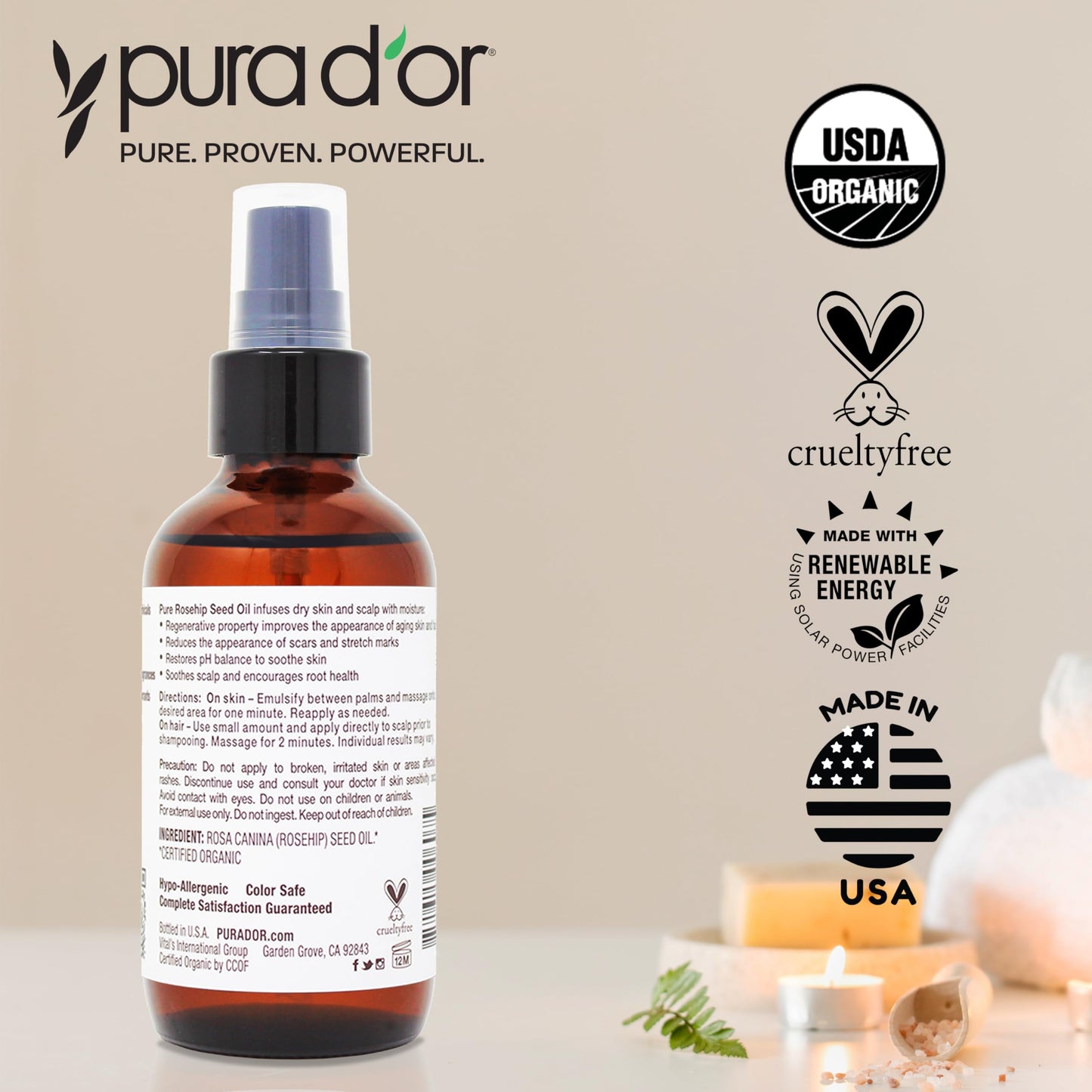 PURA D'OR 4 Oz ORGANIC Rosehip Seed Oil Hair Relaxer 100% Pure Cold Pressed USDA Certified All Natural For Anti-Aging, Scar Treatment, Face, Hair Relaxer & Skin Moisturizer - Women & Men