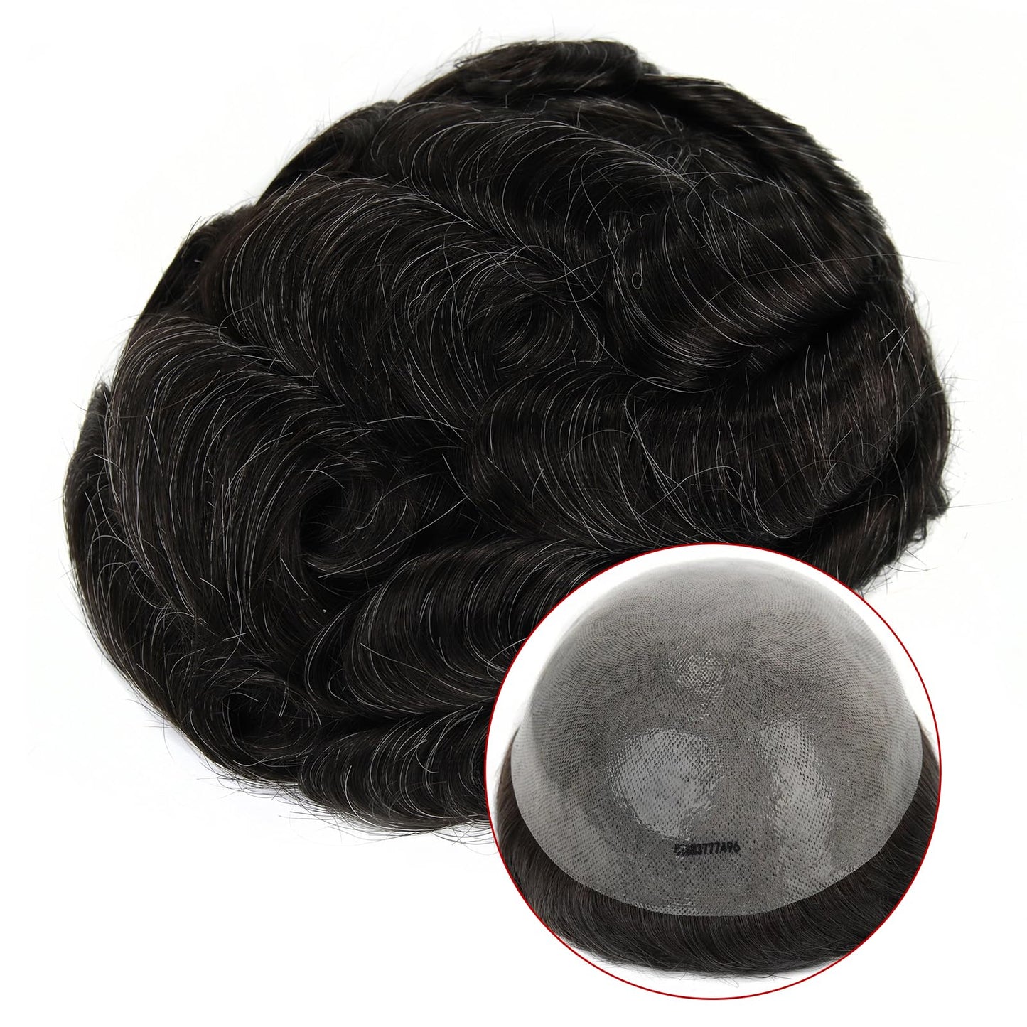 Topunique Mens 0.08mm Thin Skin Toupee, #1B20 Natural Black with 20% Gray Hair V-Looped Invisible Hairline 8x10 Inch PU Base Remy Human Hair for Men