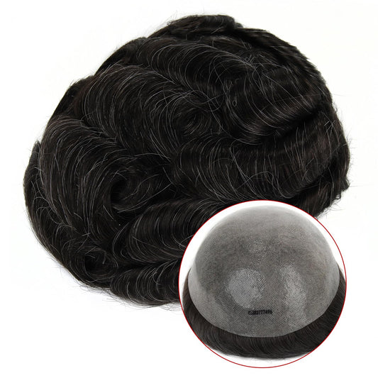 Topunique Mens 0.08mm Thin Skin Toupee, #1B20 Natural Black with 20% Gray Hair V-Looped Invisible Hairline 8x10 Inch PU Base Remy Human Hair for Men