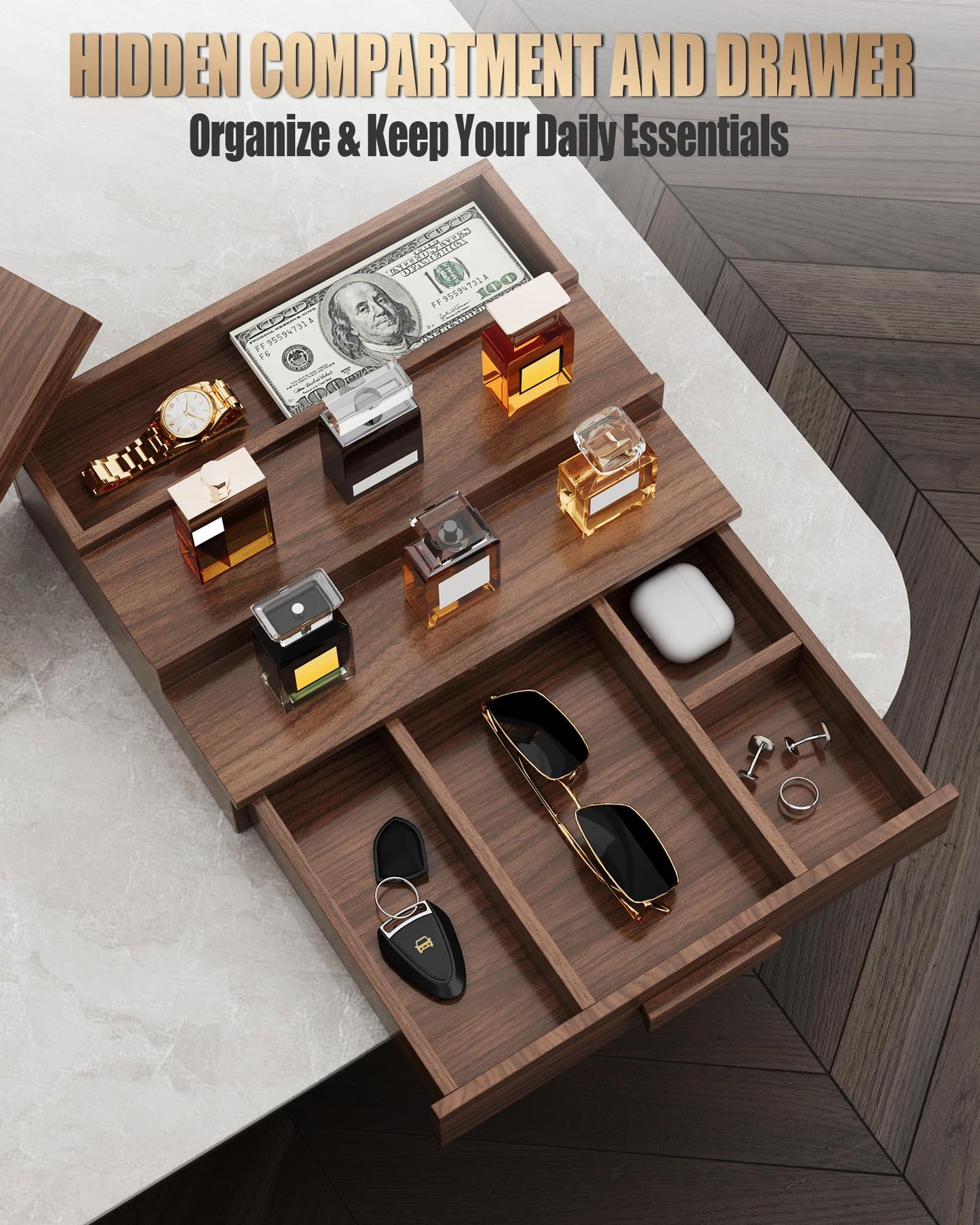 Gernshe Solid Ash Wood Cologne Organizer for Men,3 Tier Cologne Stand,Cologne Shelf Display Holder,Perfume Stand Organizer with Storage Drawer and Hidden Compartment,Great Gift for Men,Walnut
