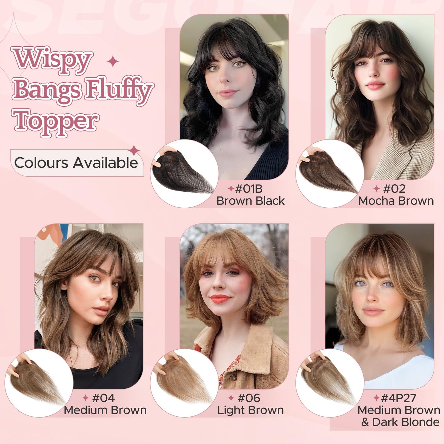 SEGO Hair Toppers for Women Real Human Hair with Wispy Bangs, 9 * 12.5 cm Hand-tied Base Invisible Edges Breathable Fluffy Clip in Top Hairpieces Add Volume -06 Light Brown