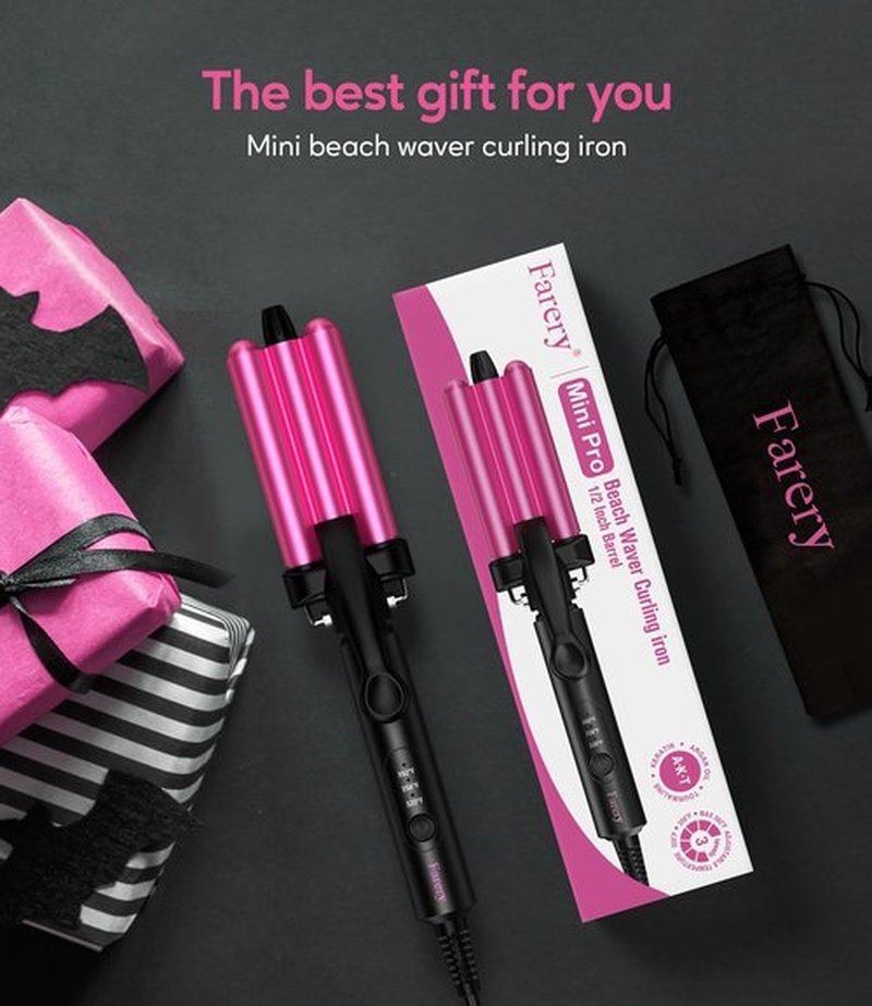 FARERY Mini Hair Crimper Hair Waver 3 Temperature Adjustable, 3 Barrel Curling Iron for Short Hair, Hair Crimper for Women Beach Waves, Crimper Hair Tool 1/2 Inch Travel Size, Dual Voltage, Pouch Bag