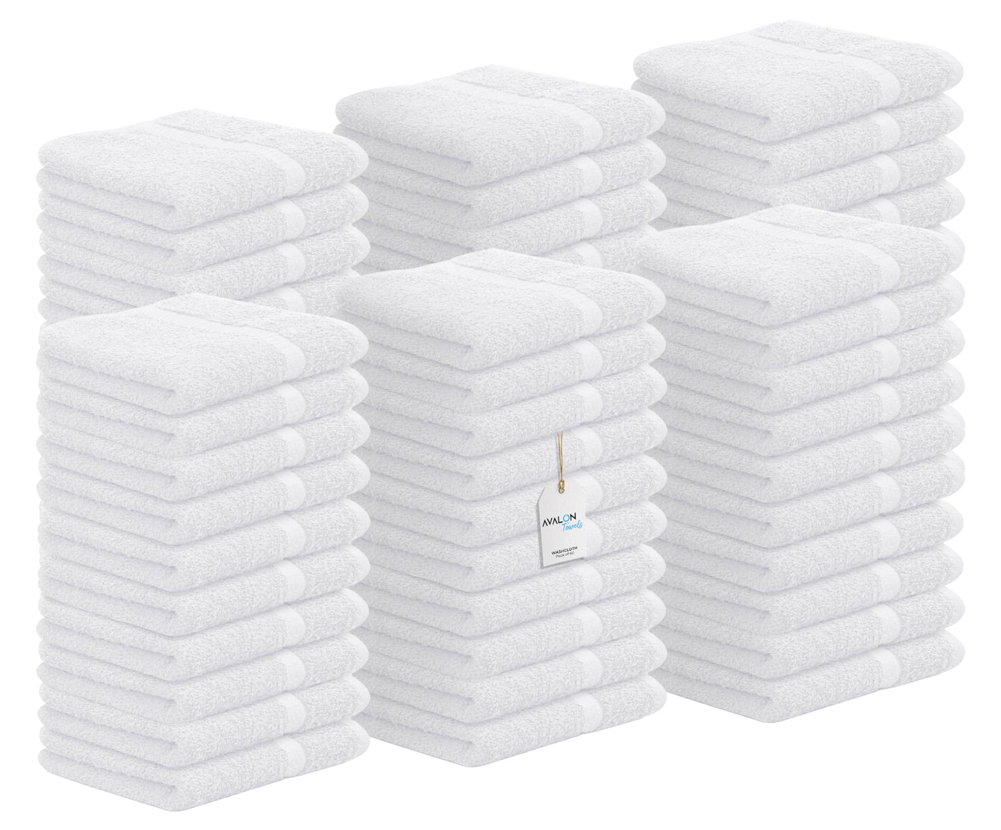 Avalon Towels Cotton Washcloths – (Pack of 60) Size 12x12 Inches, 100% Ring Spun Cotton, Soft & Absorbent Face Towels, Gym Towels, Hotel and Spa Quality, Reusable Fingertip Towels (White)