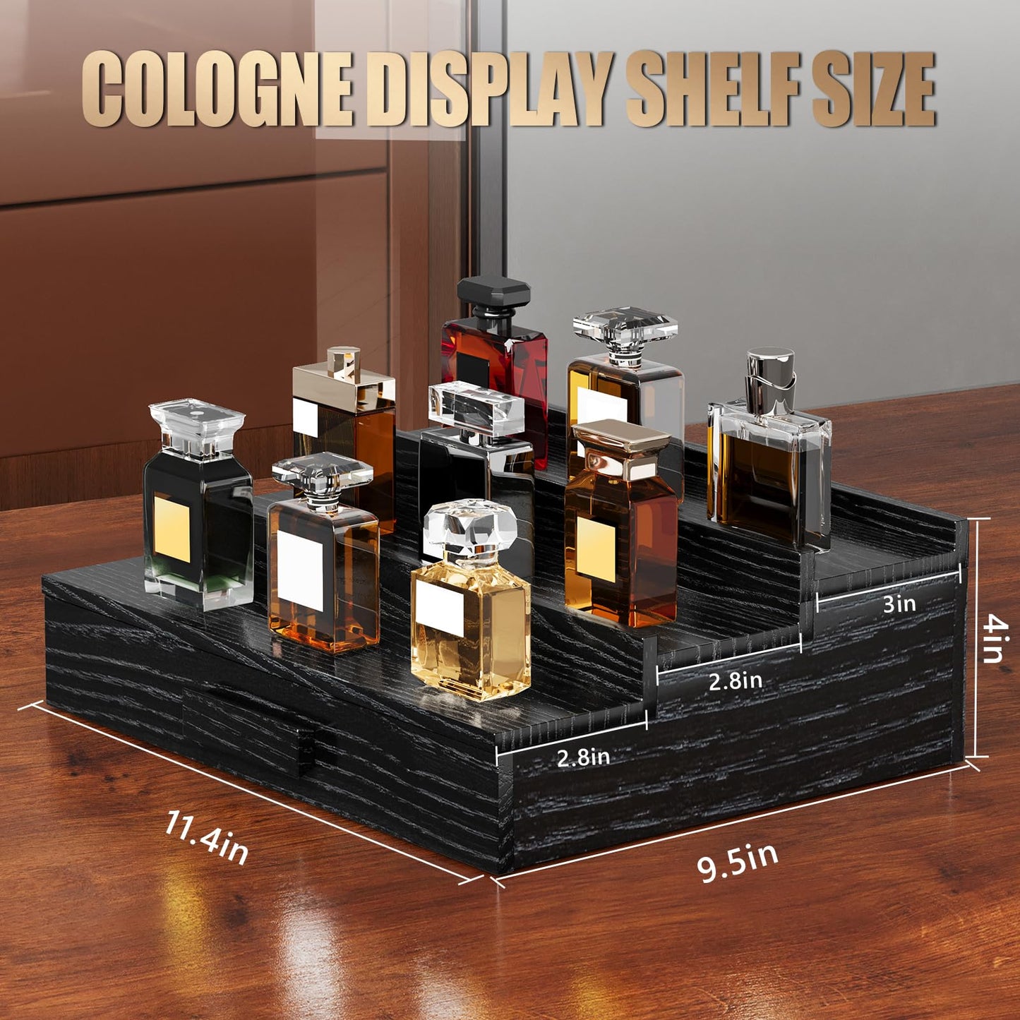 Gernshe Cologne Organizer for Men,3 Tier Solid Ash Wood Cologne Stand,Cologne Shelf Display Holder,Perfume Stand Organizer with Drawer and Hidden Storage,Great Gift for Men Father's Day,Black