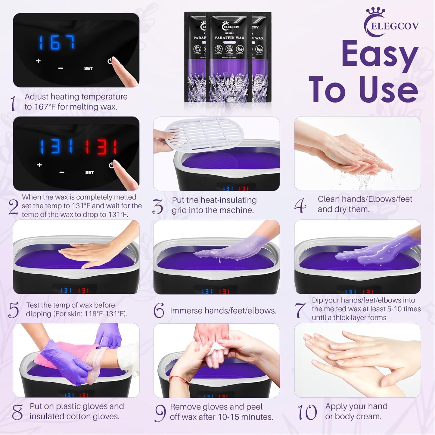 Lavender Scented Paraffin Wax Refills - 10 Pack for Hand & Feet Moisturizing Treatment
