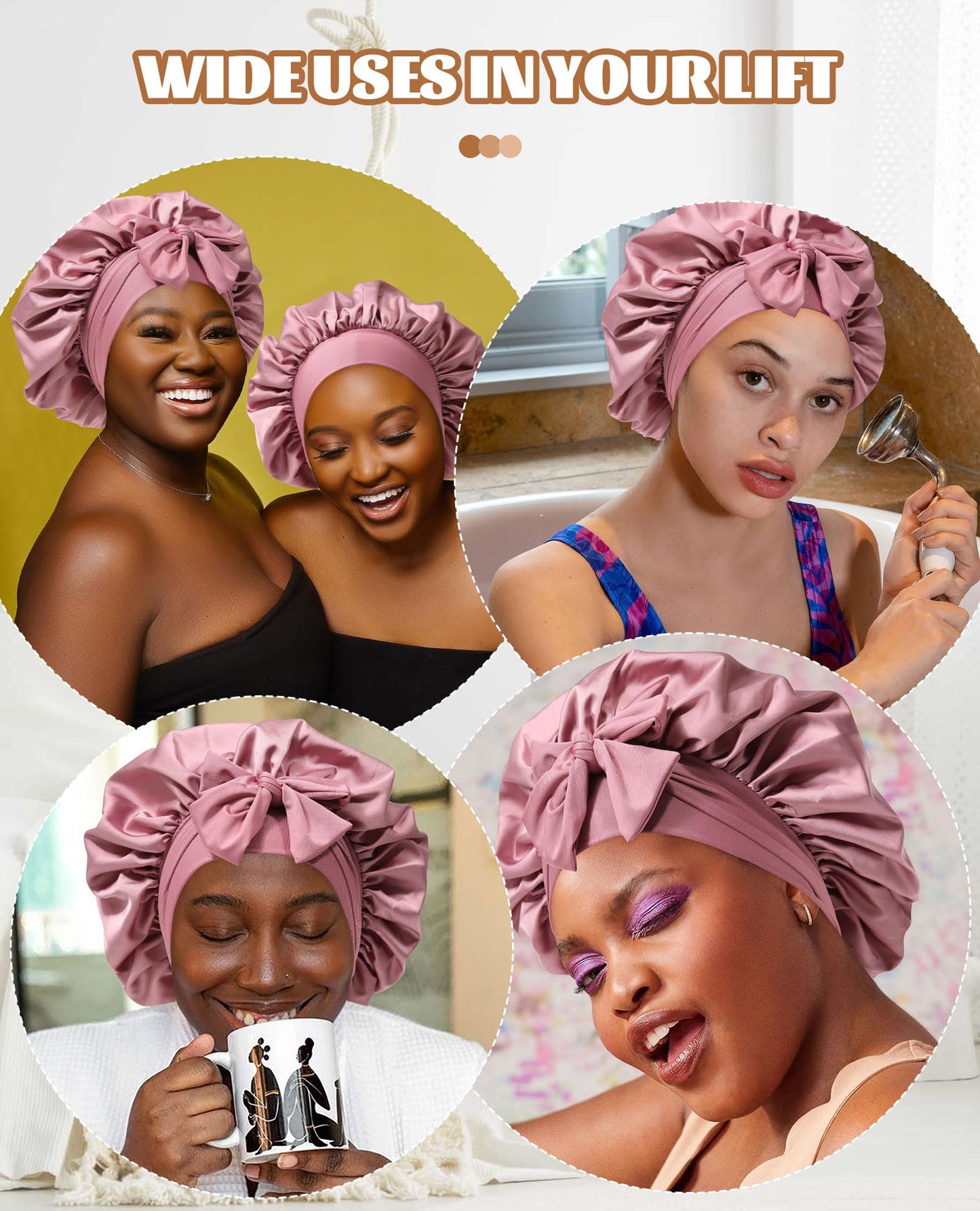 Satin Bonnet Silk Bonnet for Sleeping Silk Sleep Cap Double Layer Hair Bonnet with Elastic Tie Band for Curly Hair Night Cap (Bean Paste + Pink)
