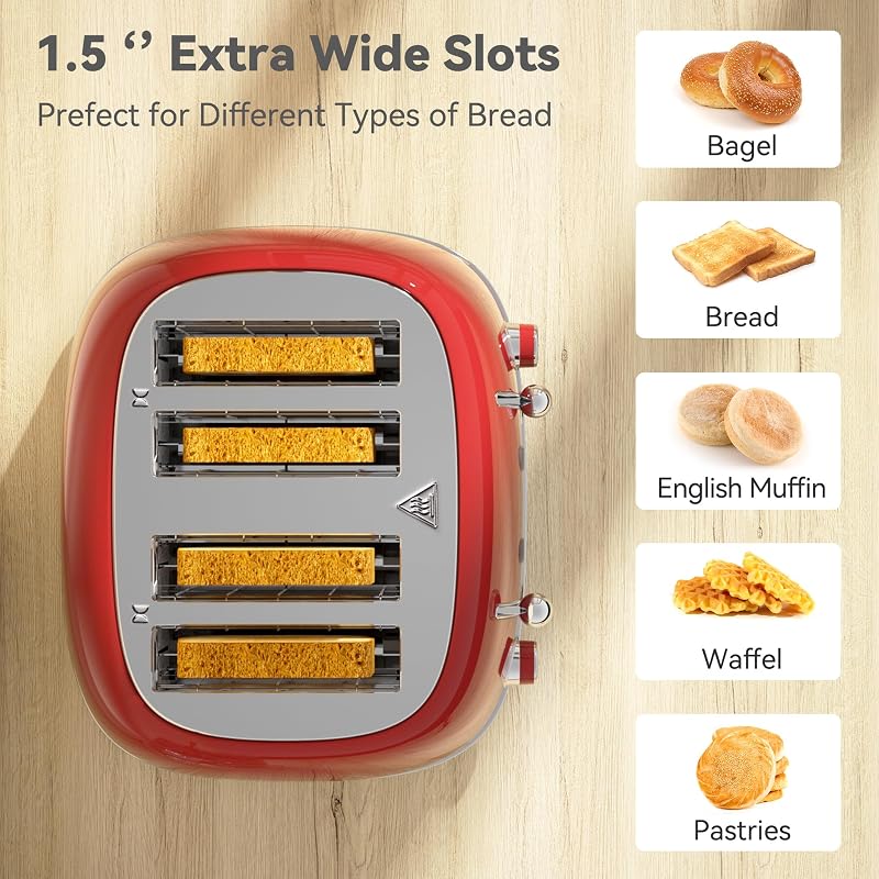 KITCHMIX 4-Slice Retro Toaster with 6 Shade Settings, 1.5" Wide Slots, Dual Controls, Red