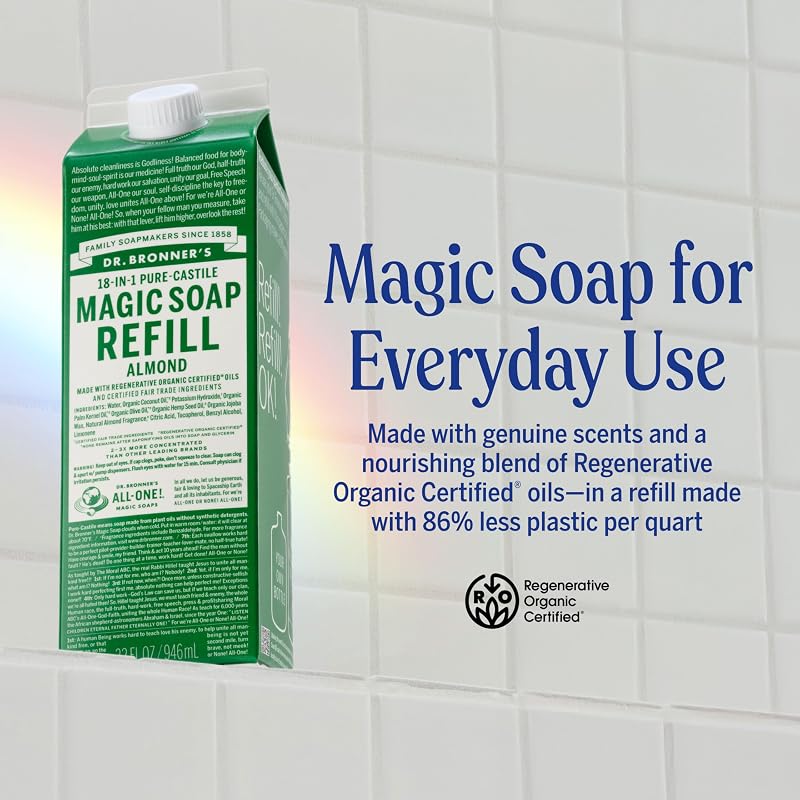 Almond Castile Soap Refill (32oz x2) – 18-in-1 Liquid Soap for Face, Body, Hands