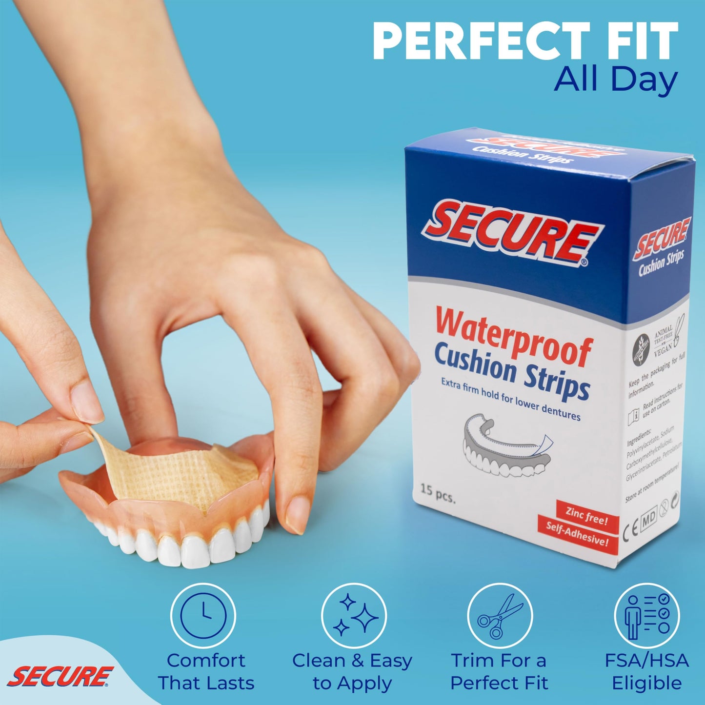 Secure Denture Adhesive Strips – Zinc Free – Waterproof – Comfortable Cushion Fit for Uppers & Lowers – Extra Firm All-Day-Hold – No Mess – Clean Ingredients – 15 Strips (1 Pack)