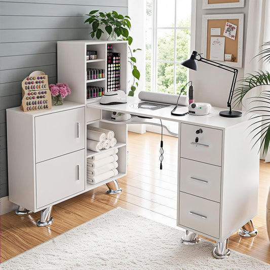 Manicure Table Nail Station w/Dust Collector - L-Shaped Nail Tech Table with Shelves, Storage Cabinets, Drawers, Metal Handles & Legs, Salon Wrist Rest, Beauty Salon Workstation Decor (White)
