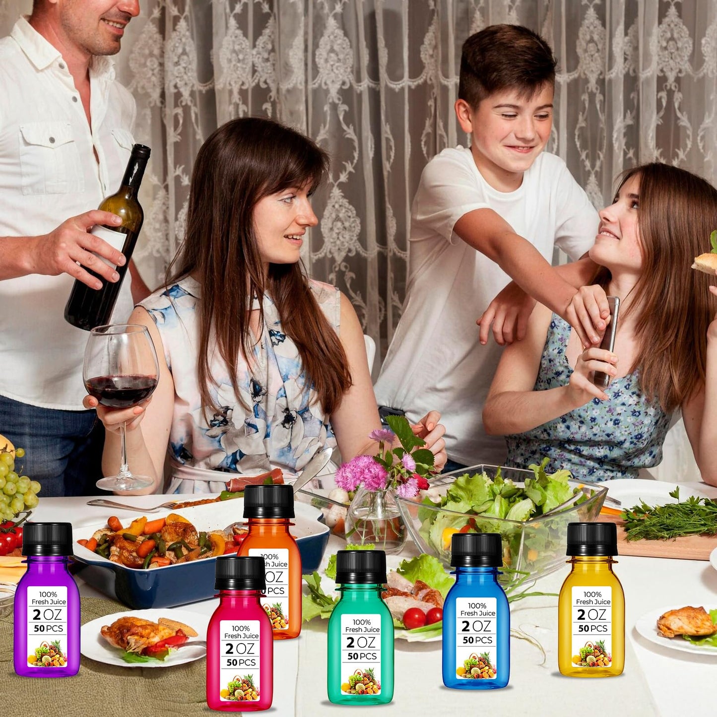 HOFURME 50 Pcs 2oz Plastic Bottles for Liquids, Mini Plastic Bottles with Lids juice bottles with caps with Scale and 4 Pcs Funnels for Juice Ginger Sauce Bulk Portable Travel