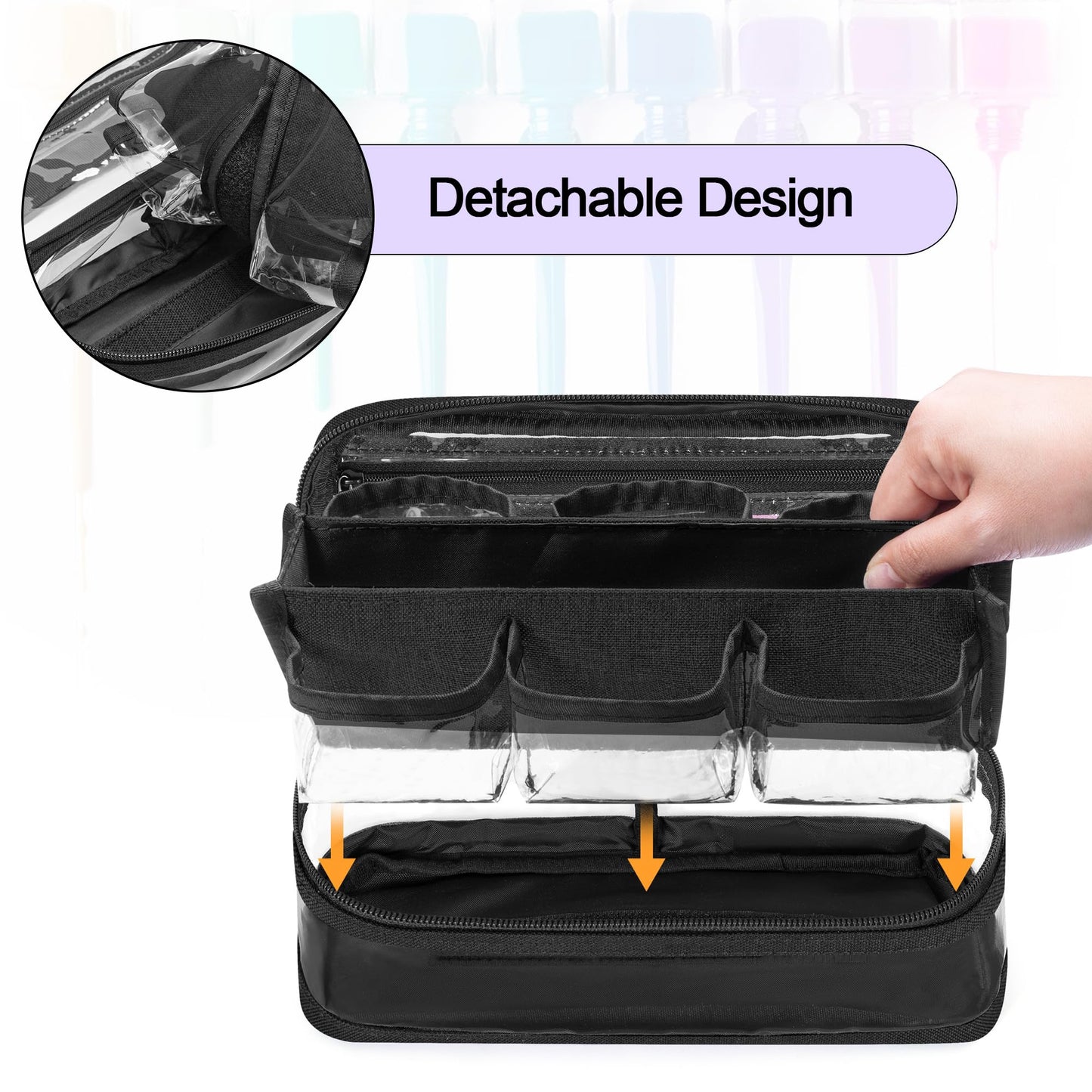 BAFASO Small Clear Nail Polish Organizer Case Holds 12 Bottles (15ml - 0.5 fl.oz), PVC Nail Polish Storage with a Removable Inner Pouch (Bag Only), Black (Patented)