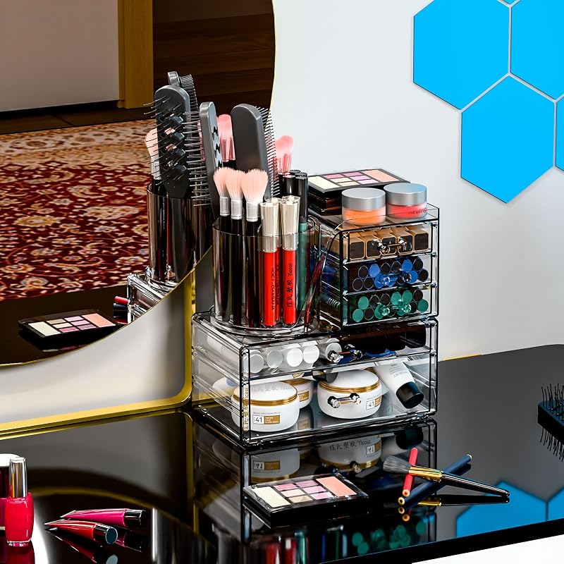 Clear Acrylic Makeup Organizer Set with Brush Holder – 2-in-1 Vanity Storage Box, 3 Pack