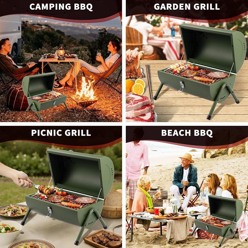 Portable Charcoal Grill for Outdoor BBQ - Green DNKMOR, Tabletop Smoker