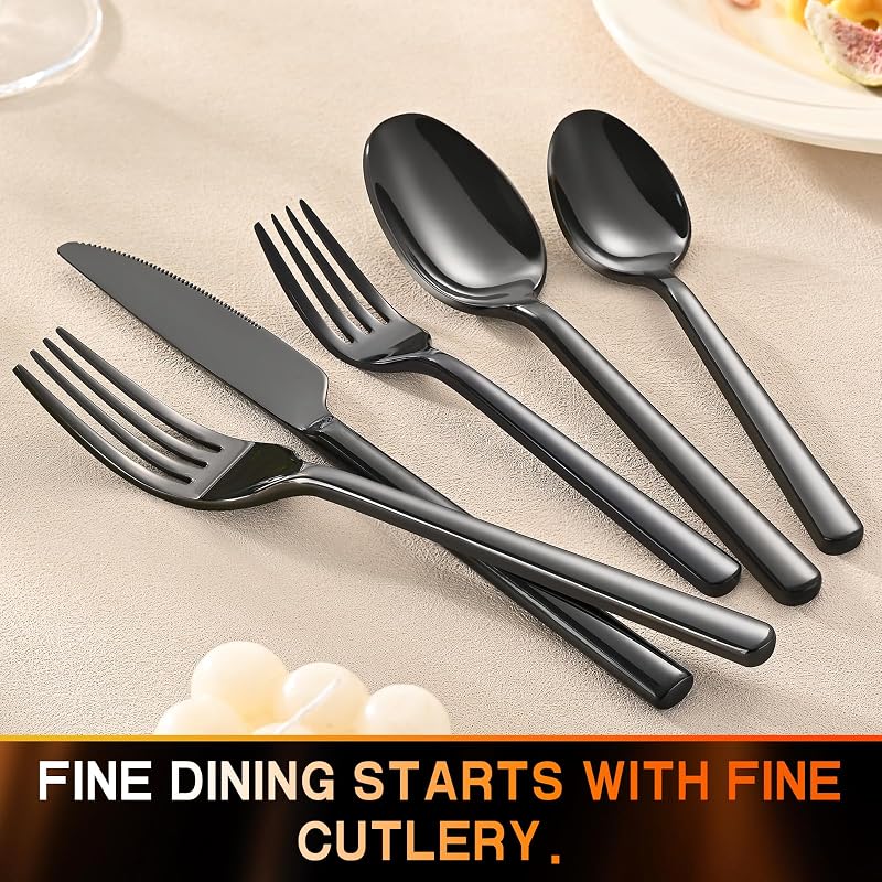 40-Piece Black Flatware Set for 8 - Heavy-Duty 18/0 Stainless Steel Silverware with Round Handles - Mirror Polished & Dishwasher Safe - Variation: Black+40