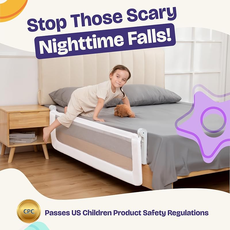 ComfyBumpy 55.5" Bed Rail for Toddlers, Swing-Down Guard for Twin–King Mattresses, White, 1-Pack
