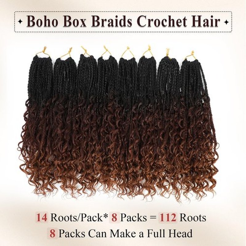 Boho Box Braids Crochet Hair 8 Packs Boho Crochet Braids Pre Looped 1B/33/30 Goddess Box Braids Crochet Hair for Black Women 14 Inch Boho Braids Crochet Hair Extension