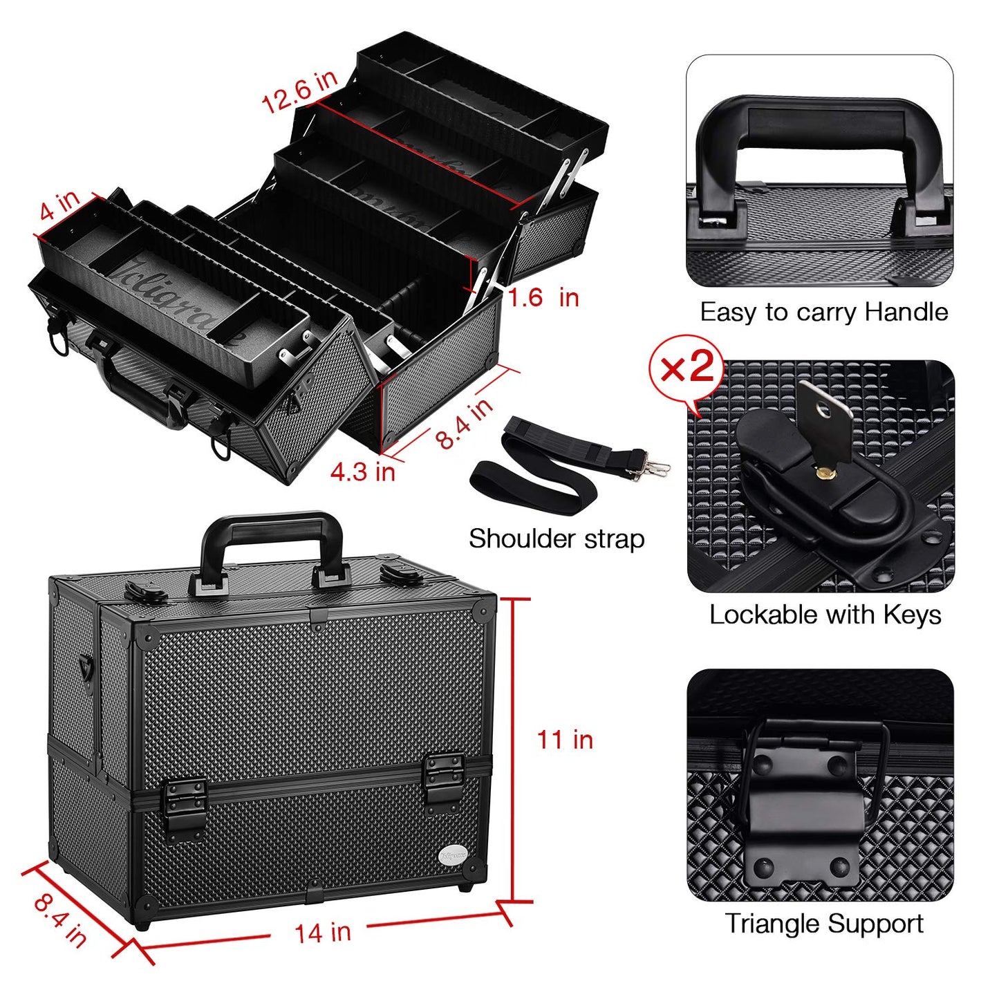 Joligrace Makeup Train Case Professional Adjustable - 6 Trays Cosmetic Cases Makeup Storage Organizer Box with Lock and Compartments 14 Inch Large Black
