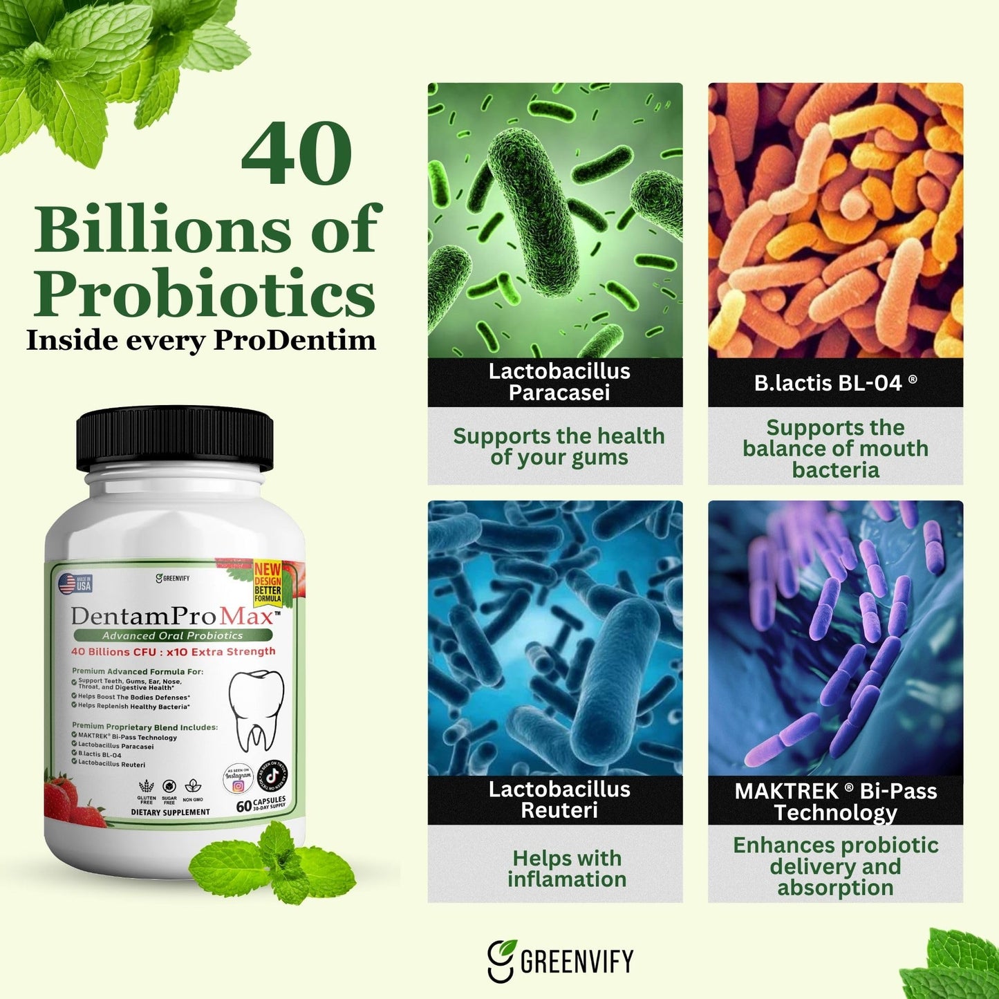 GREENVIFY DentamPro Max for Gums and Teeth Health & Fresh Breath - 40 Billion CFU Advanced Oral Probiotics for Mouth Bad Breath, Capsule Supplement (1)